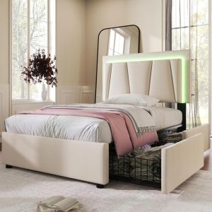 Cama 90x200cm con LED, 2 cajones, cabecero ajustable, beige