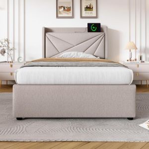 Cama 90x200cm con usb-c, almacenaje y lamas de madera, gris