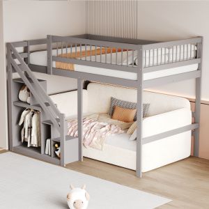 Cama de madera 140x200cm con escalera con almacenaje – gris