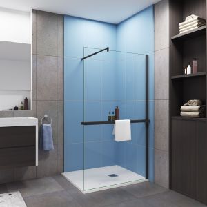 Mampara de ducha fija con estante-100x200cm-8mm antical-barra70-120cm-negro