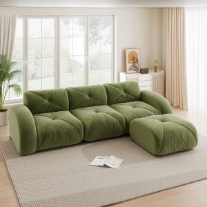 Sofá modular en l chenilla verde 3 plazas con otomana para salón