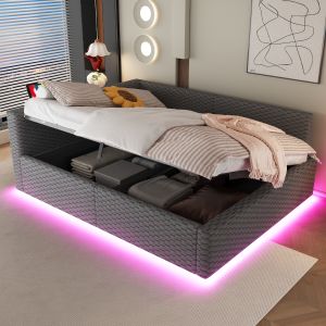 Cama tapizada 140x200cm con LED carga y canapé terciopelo gris