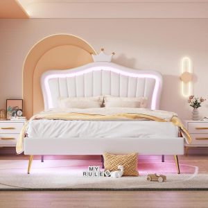 Cama princesa con LED multicolor 140x200cm blanca, corona regulable