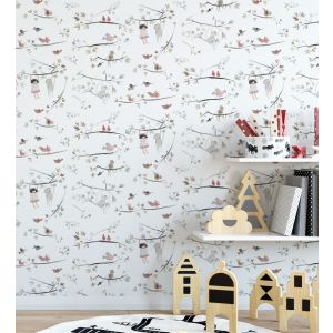 Papel pintado gaulan infantil monos niñas y pájaros colgados de un 5.33m²