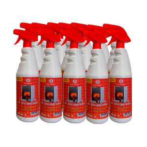 Caja con 12 paquetes de limpiacristales para chimeneas de 1l – llama roja.