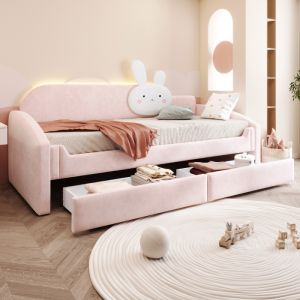 Cama sofá infantil 90x200cm con almacenaje y luz LED terciopelo – rosa