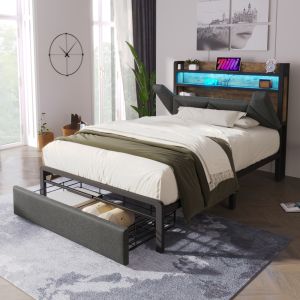 Cama tapizada 90x200cm con almacenaje y usb de lino – gris