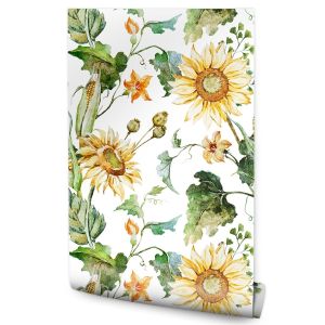 Papel Pintado Dormitorio Con Girasoles Flores Hojas Naturaleza 53cm x 10m