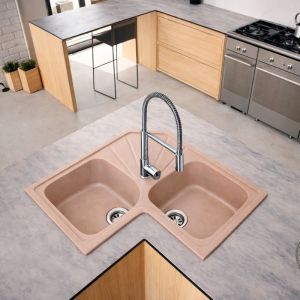 Fregadero angular ícaro 2 senos 76,5x76,5 resina coral mueble 80 cm