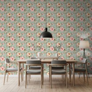 Papel floral diseño romántico peonías rosa verde turquesa 60cm por 300cm