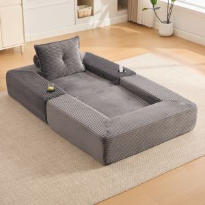 Sofá cama modular pana gris oscuro 1 plaza con portavasos