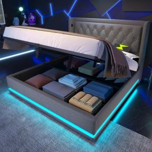 Cama tapizada 180x200cm con almacenaje usb LED gris