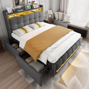 Cama tapizada 140x200cm con LED usb y 4 cajones gris