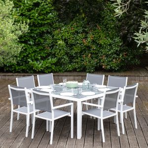 Conjunto de jardín cagliari 8 plazas en textileno gris aluminio blanco