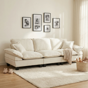 Sofá 3 plazas chenilla beige con reposabrazos curvos para salón