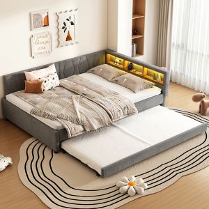 KOMHTOM,Cama,140x200cm,extensible,lino,gris.