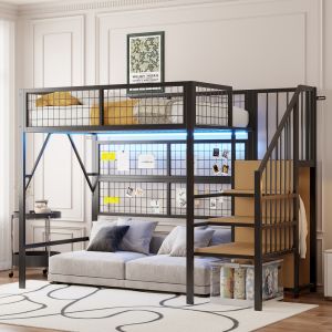 Cama alta 90x200cm con LED, armario abierto y almacenaje, metal – negro