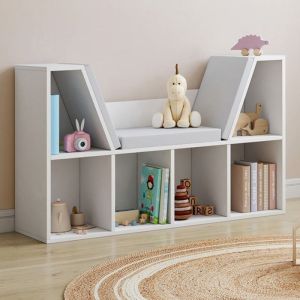 Biblioteca de banco de 6 compartimentos con cojines blanco gris de 102 cm