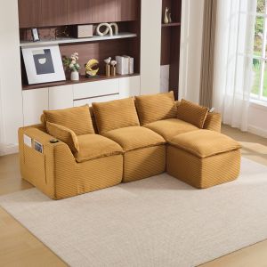 Sofá modular 3 plazas pana naranja con reposapiés y cojines