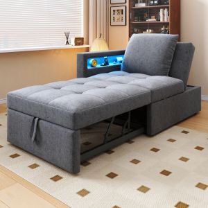 Sofá cama 3 en 1 gris claro con respaldo ajustable LED usb y puerto c