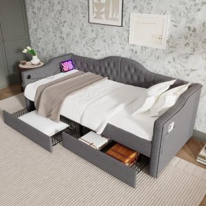 Cama 90x190cm con 2 cajones y puerto usb gris
