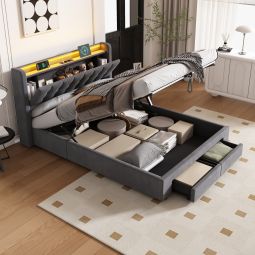 Cama 140x200cm canapé hidráulico cajón LED enchufe cabecero reversible gris