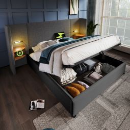 Cama con canapé 180x200cm con lámpara y puerto usb tipo-c lino – gris