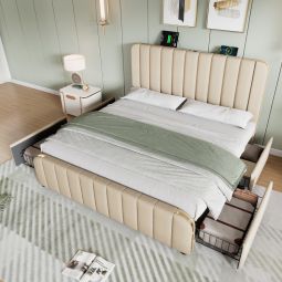 Cama tapizada 140x200cm con cajones y carga usb lino – beige