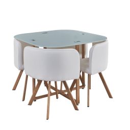 Mesa de cristal templado teka + 4 sillas. Comedor o cocina blanco 100x100