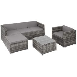 Conjunto de ratán con tablero de vidrio y protección uva, gris