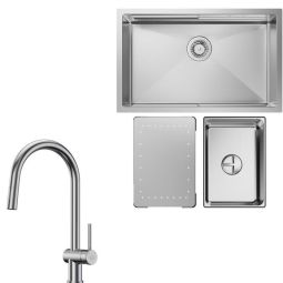 Fregadero de cocina de 70x44 cm, 1,5 senos, escurridor, grifo monomando ext