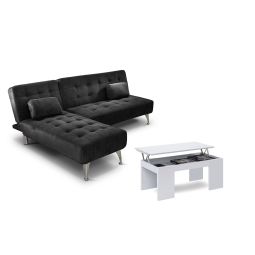 Sofá cama chaise longue xs negro + mesa de centro blanco