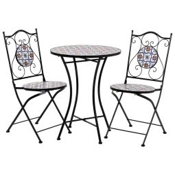 Conjunto mesa y dos sillas de mosaico y forja negro, azul y naranja