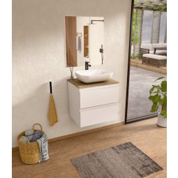 Mueble baño suspendido 60 cm blanco/roble, lavabo y espejo bellobath