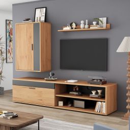 Mueble de tv con armario pared y estante 3 piezas roble y negro 39x140x35cm
