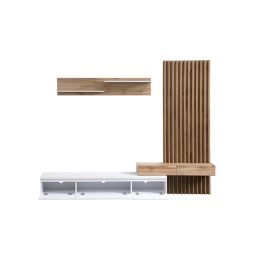 Conjunto de comedor con mesa tv y panelado blanco y roble 250x200 cm