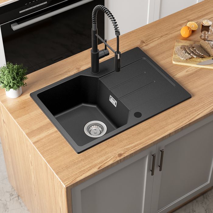Fregadero de cocina negro 65x45cm - fregadero de 1 cubeta de granito