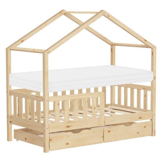 Cama infantil casa de madera natural 70x140 cm con colchón y 2 cajones