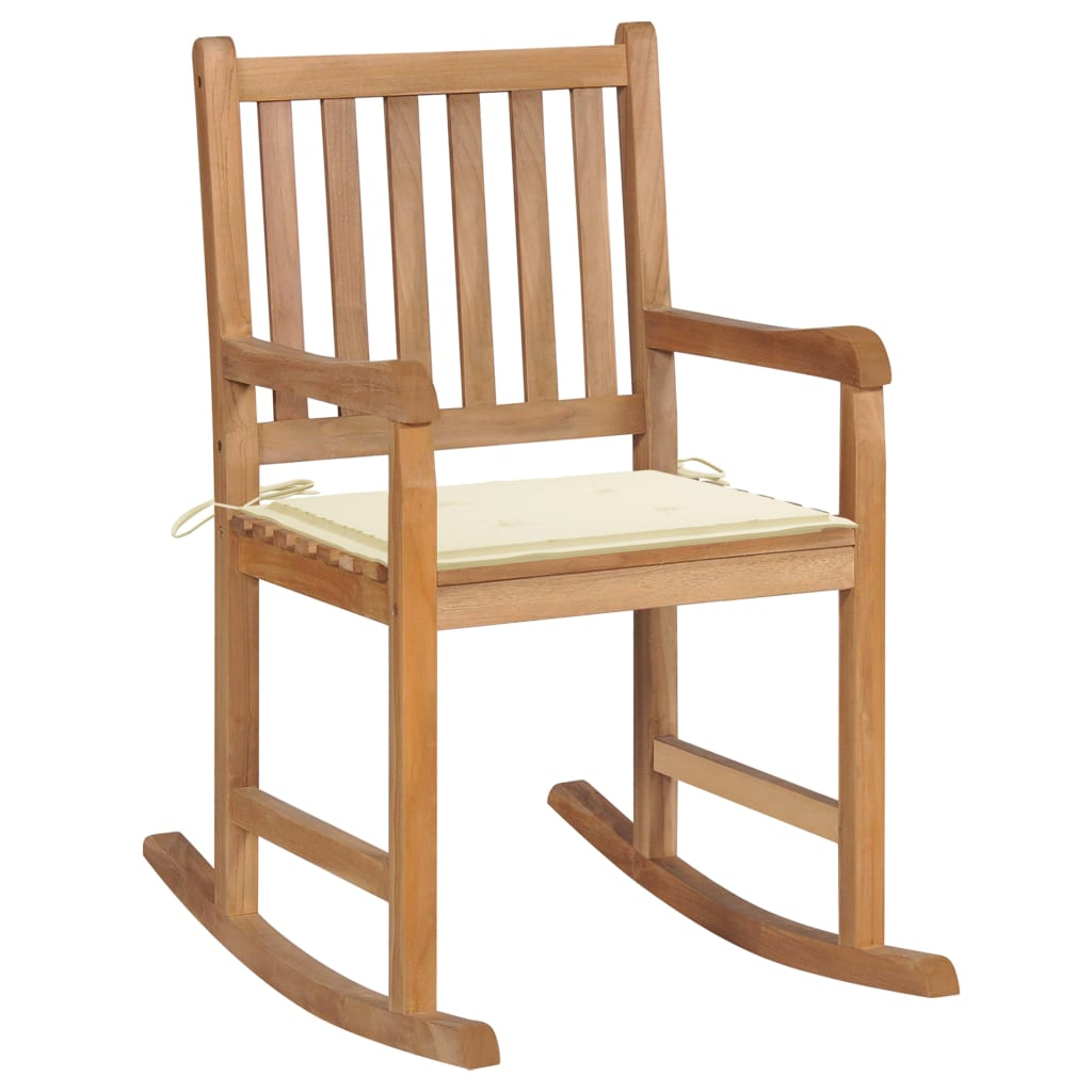 vidaXL silla mecedora de madera maciza de teca con cojín color crema