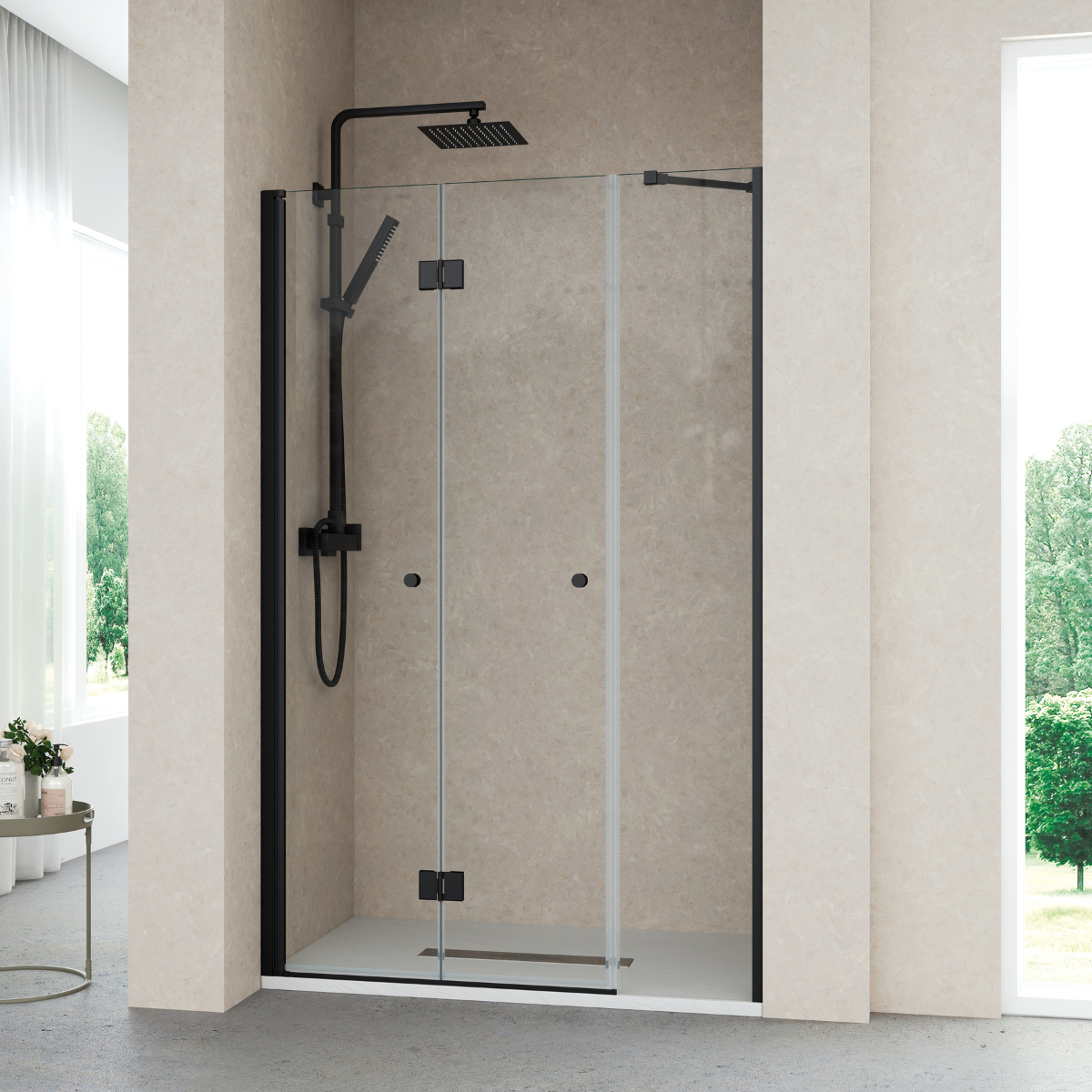 Mampara ducha frontal puerta plegable 1 fijo 140cm transparente negro