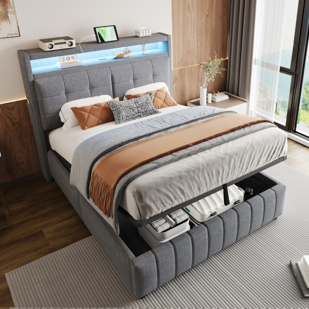 Cama tapizada 140x200cm con LED, usb y canapé hidráulico lino – color gris