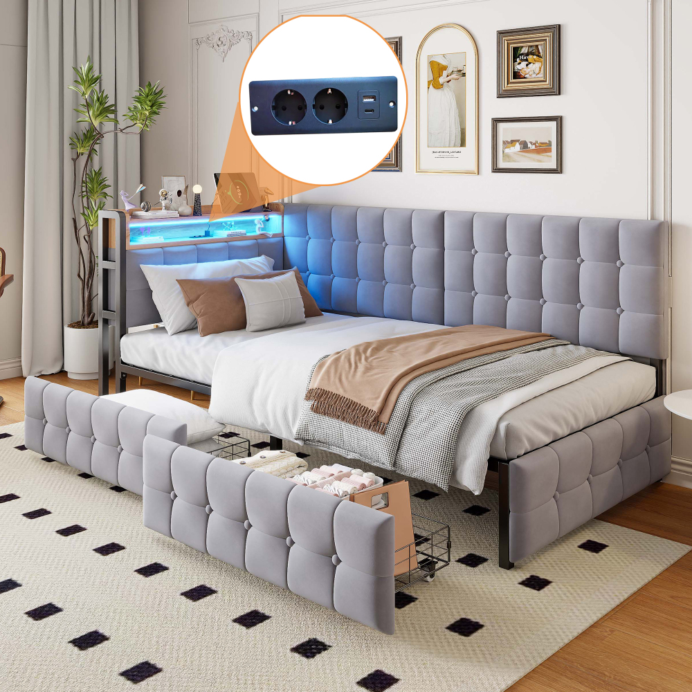 Sofá cama 90x200cm con LED, usb y 2 cajones en terciopelo gris
