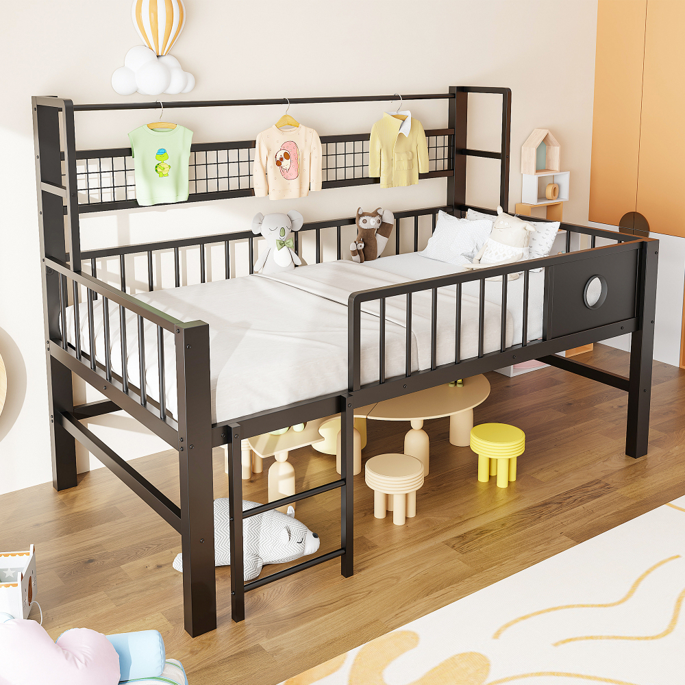 Cama elevada 90x200cm con almacenaje y barra metálica – negro