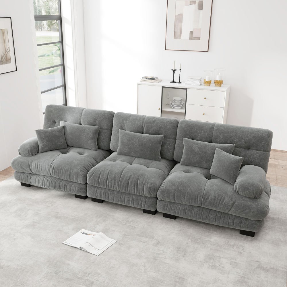 Sofá modular en l de chenilla gris 3 plazas con asiento profundo y cojines