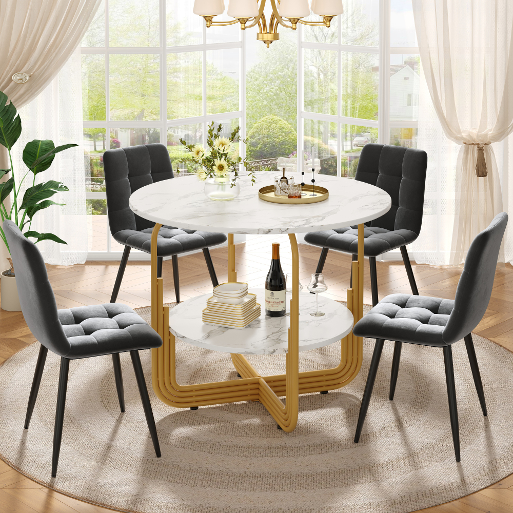 Conjunto de mesa y sillas mdf mármol gris dorado redondo 5 piezas cocina