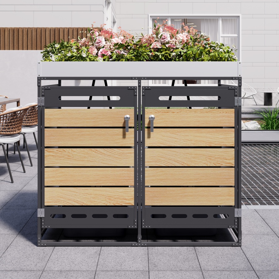 Armario Exterior Para Cubos De Basura Puertas Negro Con Jardinera Superior