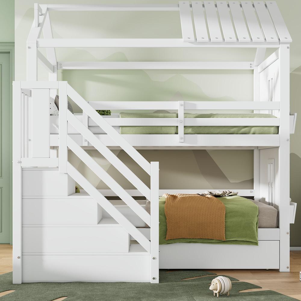 Litera infantil, escalera con almacenaje y cajones, 90x200cm, blanco