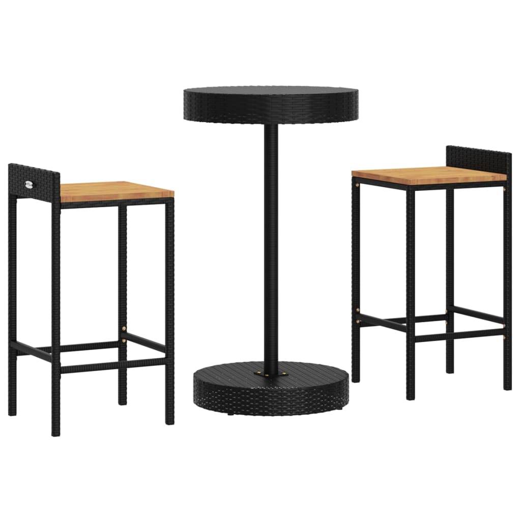 vidaXL mesa bar y taburetes jardín 3 pzas madera acacia ratán pe negro