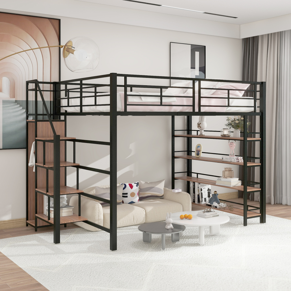 Cama alta 140x200cm con escalera con almacenaje y armario metal – negro