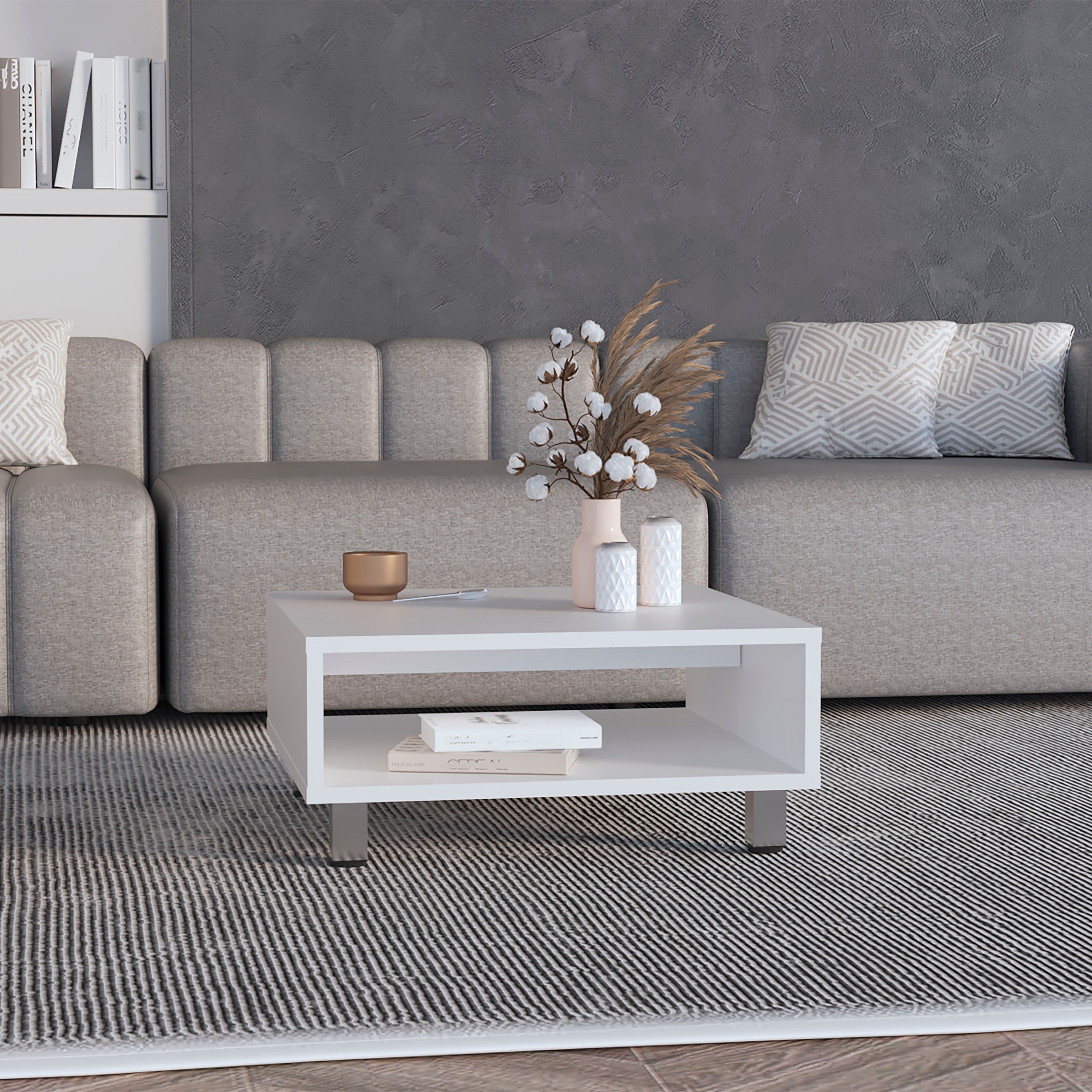 Mesa de centro eclipse en melamina con estantes inferior y 4 patas , blanco